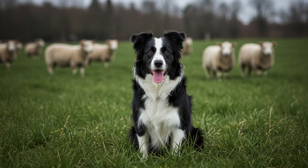 Border Collie pastoreando ovelhas em um campo verde