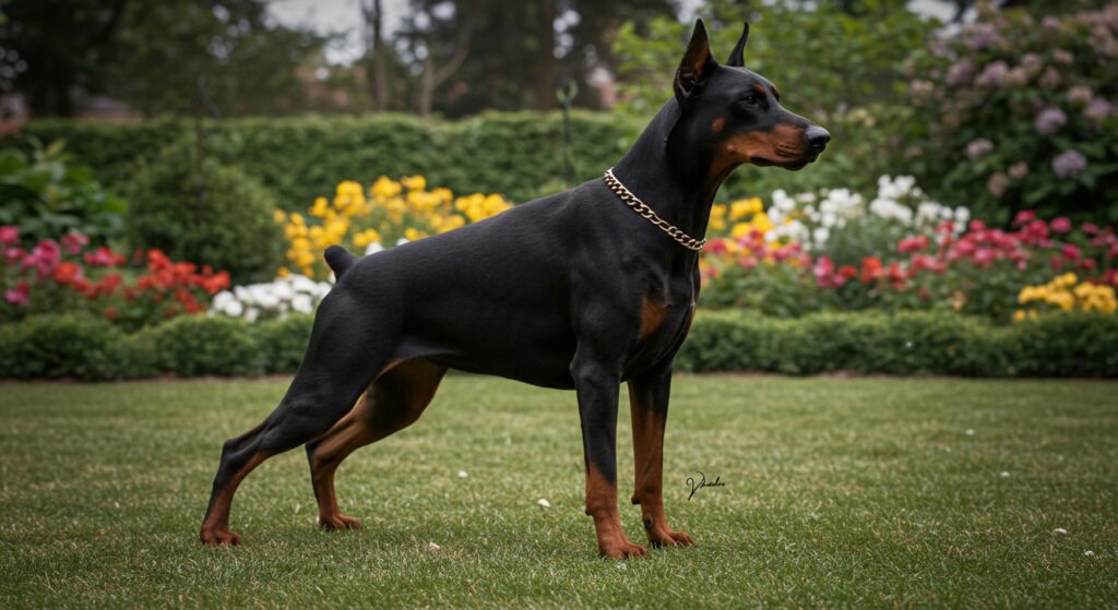 Doberman em posição de guarda em jardim