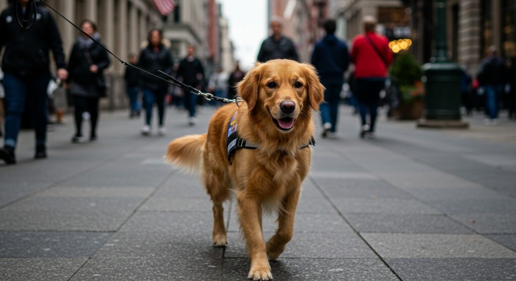 Golden Retriever com colete de cão-guia andando na cidade