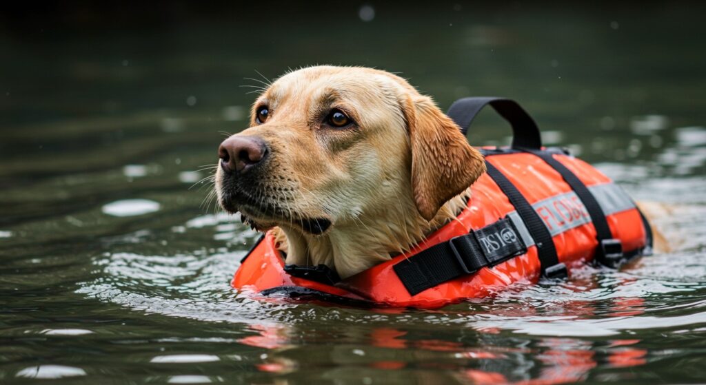 Labrador Retriever nadando com colete de resgate