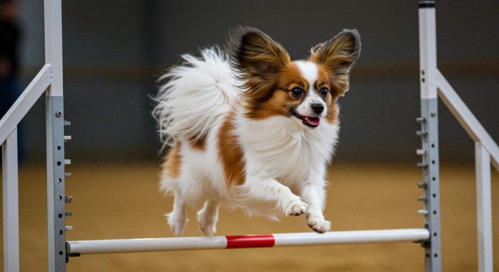 Papillon saltando obstáculo em pista de agility
