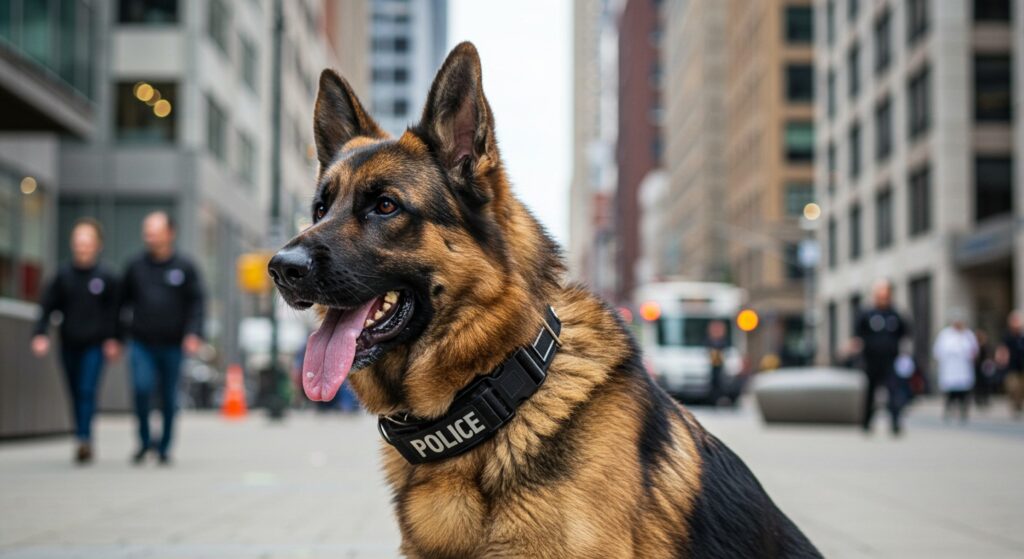 Pastor Alemão em posição de alerta com coleira de trabalho