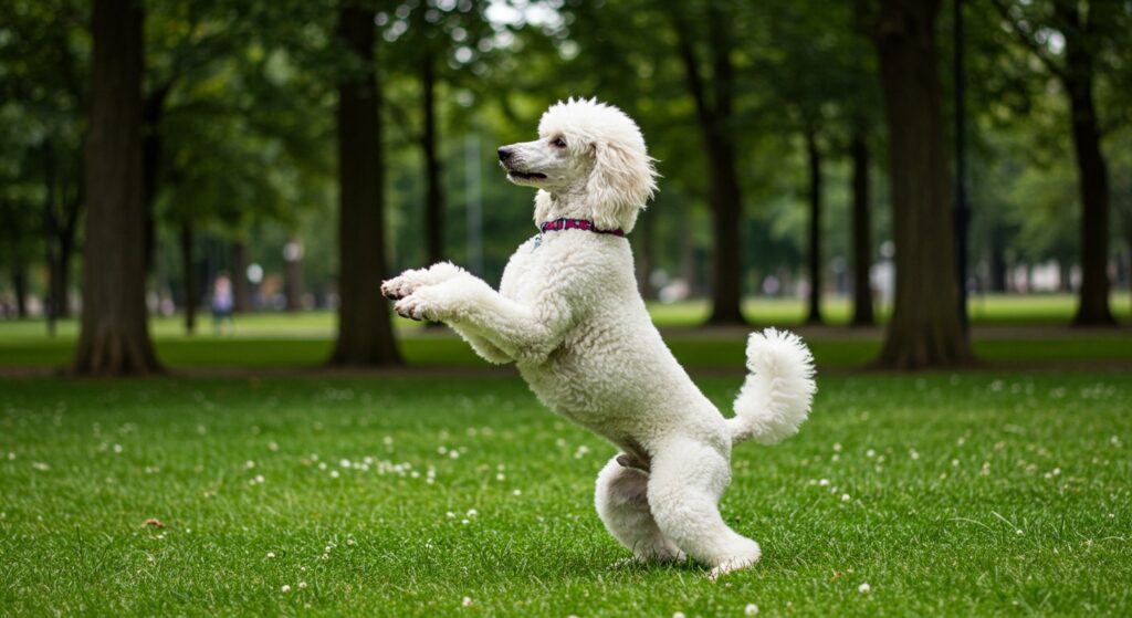 Poodle em pé nas patas traseiras fazendo truque em parque