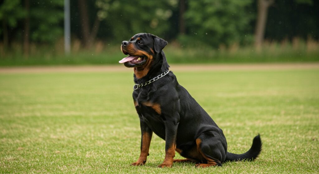 Rottweiler sentado e atento durante treinamento