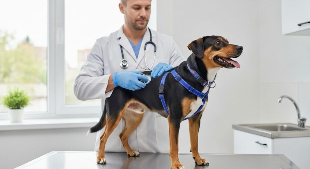veterinário auscultando o coração de um cachorro durante consulta